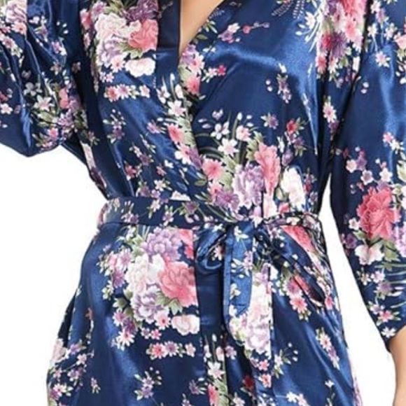 Mother’s Day Floral Soft Silky Dark Blue Kimono Robe - Picture 3 of 4